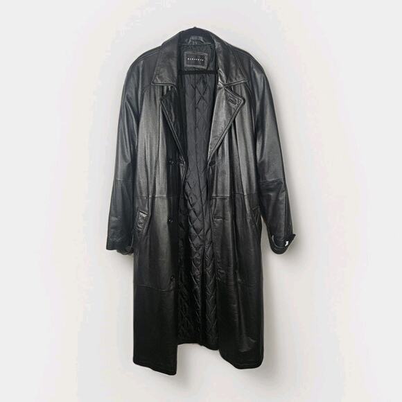 Vtg Baracuta Trench Coat Black Leather Collared Double Breasted Belt Lined Large - Picture 7 of 16